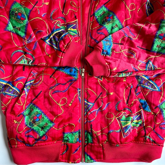 VTG Bomber Jacket Unisex Petite Sz S Red Print Eclectic Maximalist Avant Garde - Picture 5 of 8